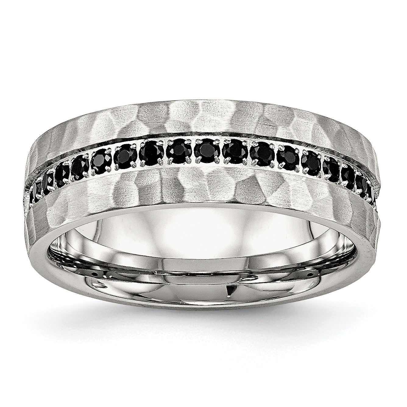 Chisel Stainless Steel Brushed and Hammered with Black CZ 7.5mm Band