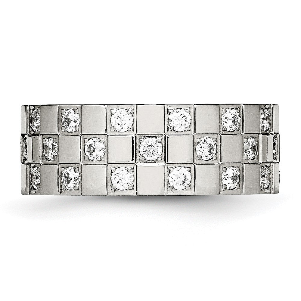Stainless Steel Polished w/CZ Checkered 8mm Flat Band