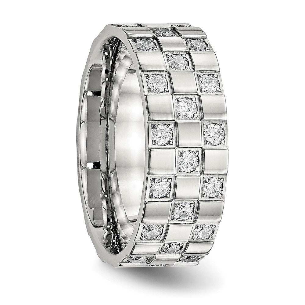 Stainless Steel Polished w/CZ Checkered 8mm Flat Band