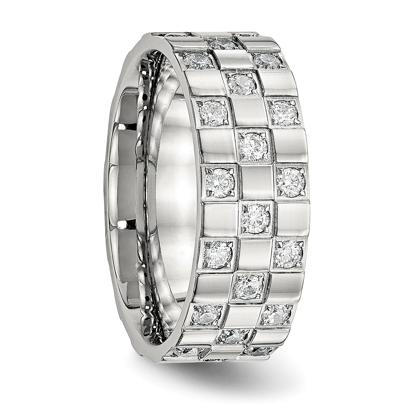 Stainless Steel Polished w/CZ Checkered 8mm Flat Band