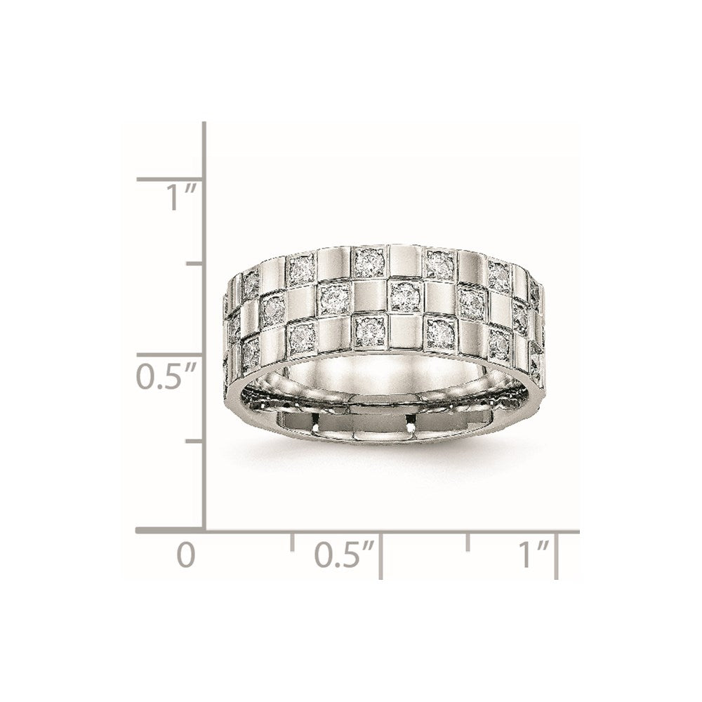 Stainless Steel Polished w/CZ Checkered 8mm Flat Band