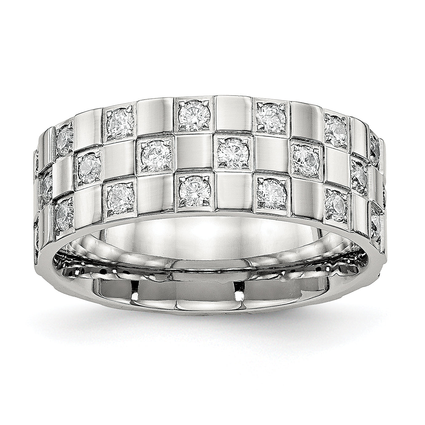 Stainless Steel Polished w/CZ Checkered 8mm Flat Band