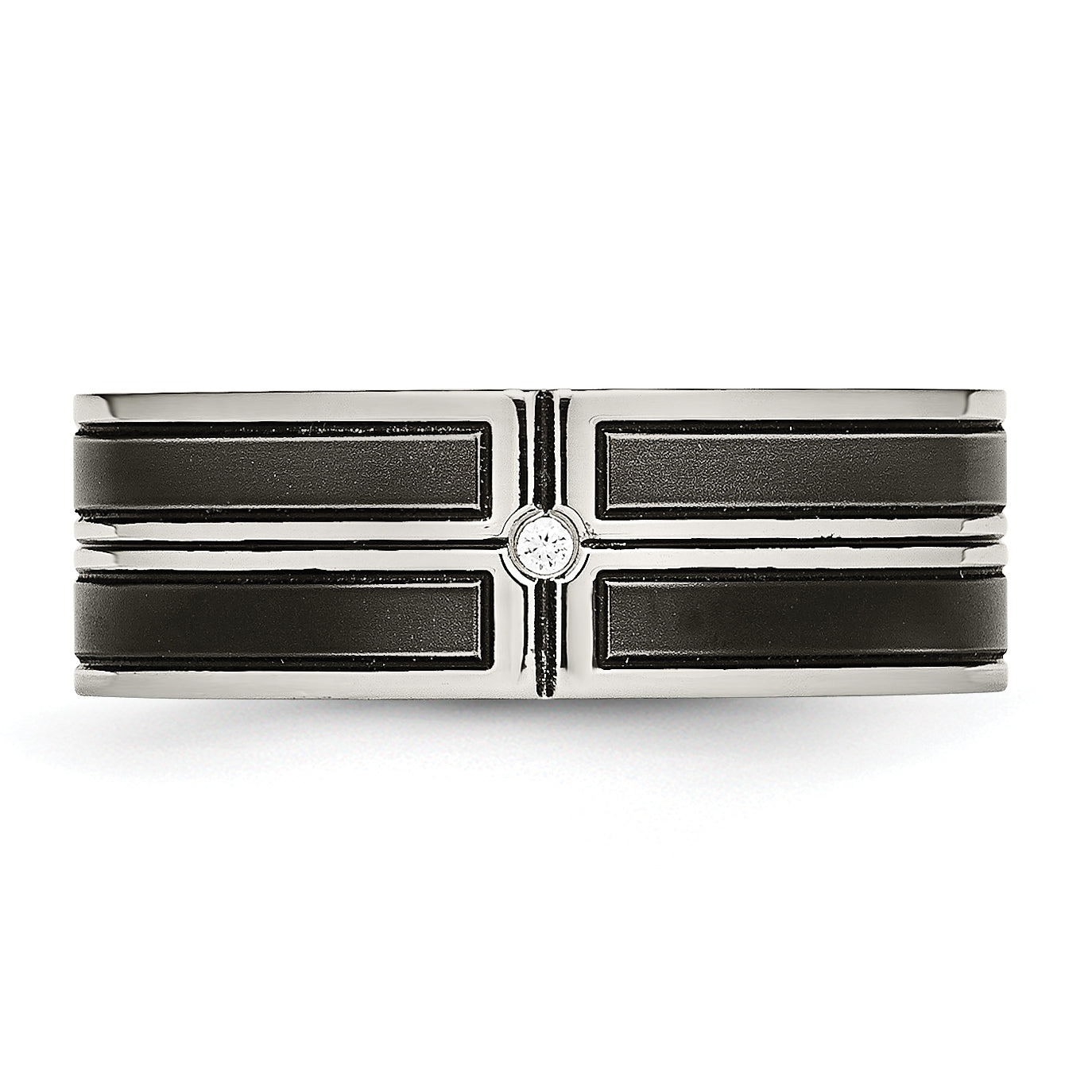 Stainless Steel Polished w/Brushed Center Black IP-plated CZ 8mm Band