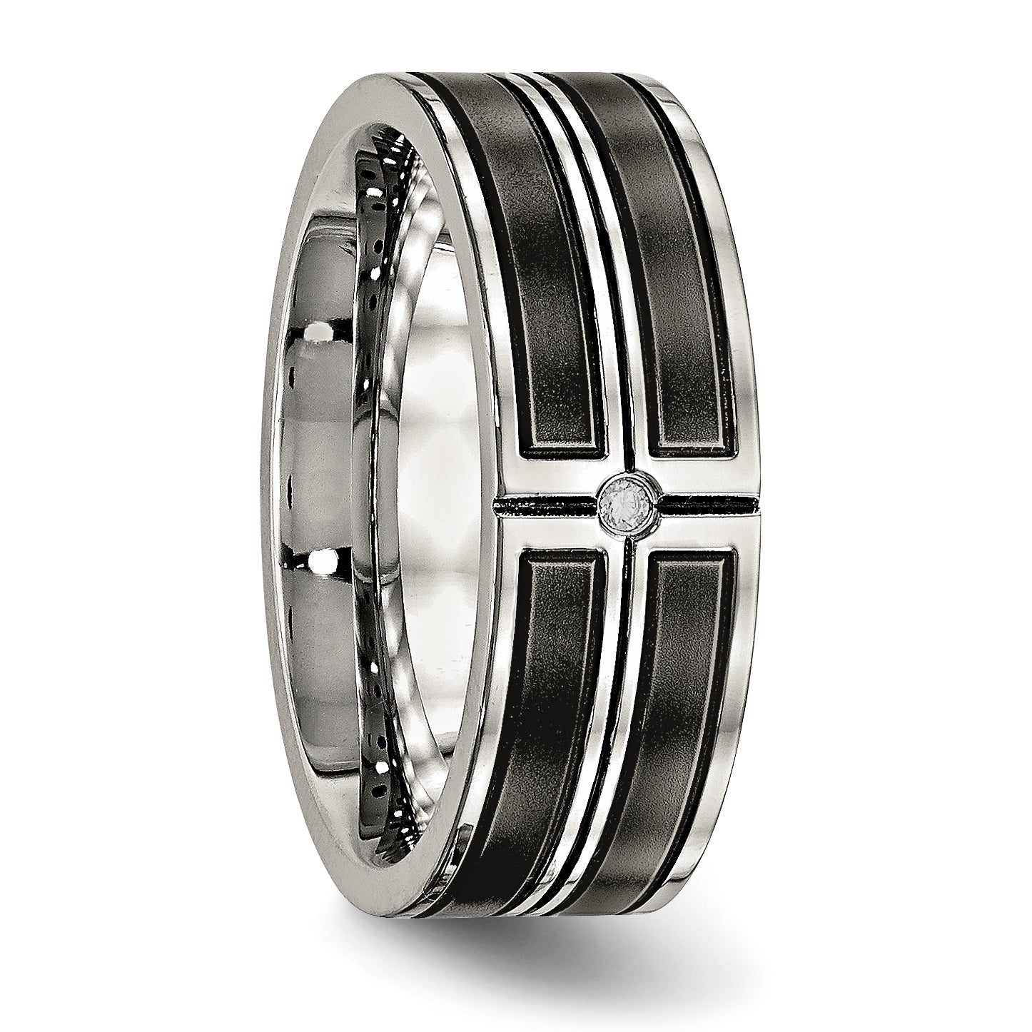 Stainless Steel Polished w/Brushed Center Black IP-plated CZ 8mm Band