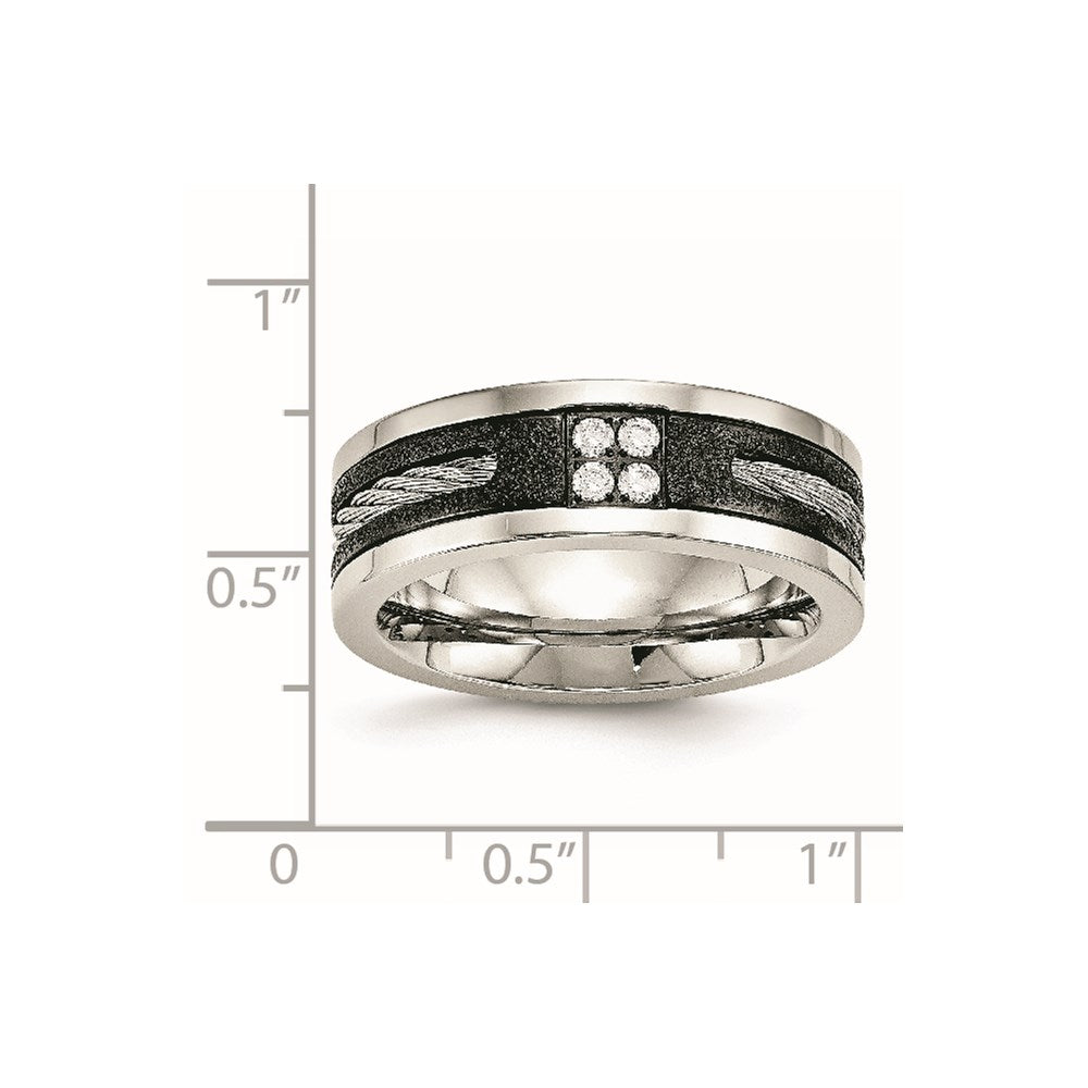 Stainless Steel Polished Black IP Laser Cut w/Cable Inlay & CZ 8mm Band