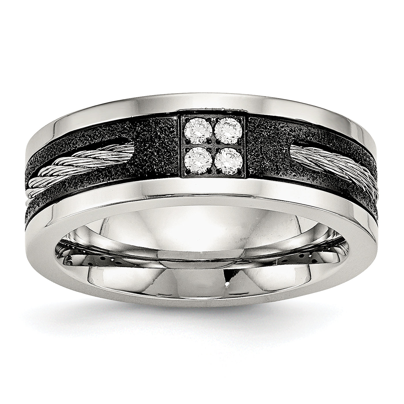 Stainless Steel Polished Black IP Laser Cut w/Cable Inlay & CZ 8mm Band