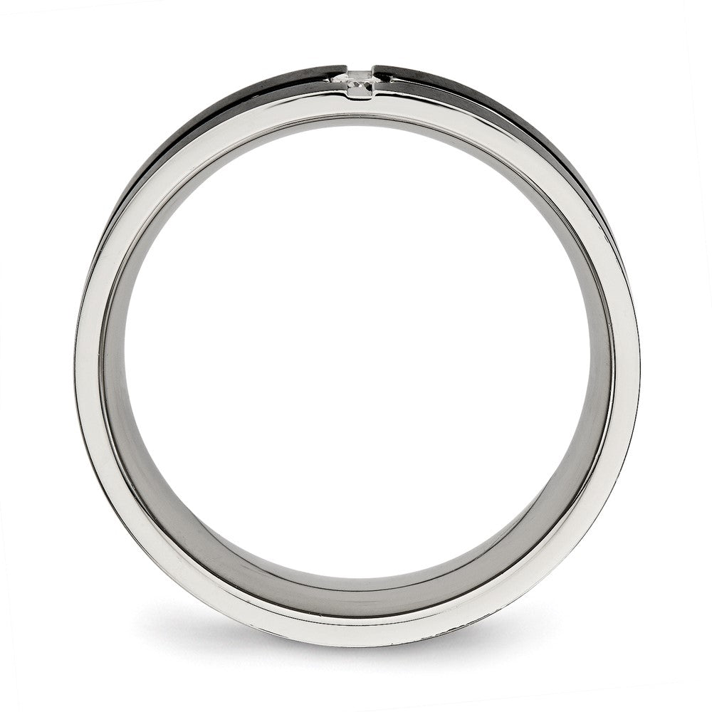 Stainless Steel Polished Black IP-plated CZ Grooved 8mm Comfort Fit Band