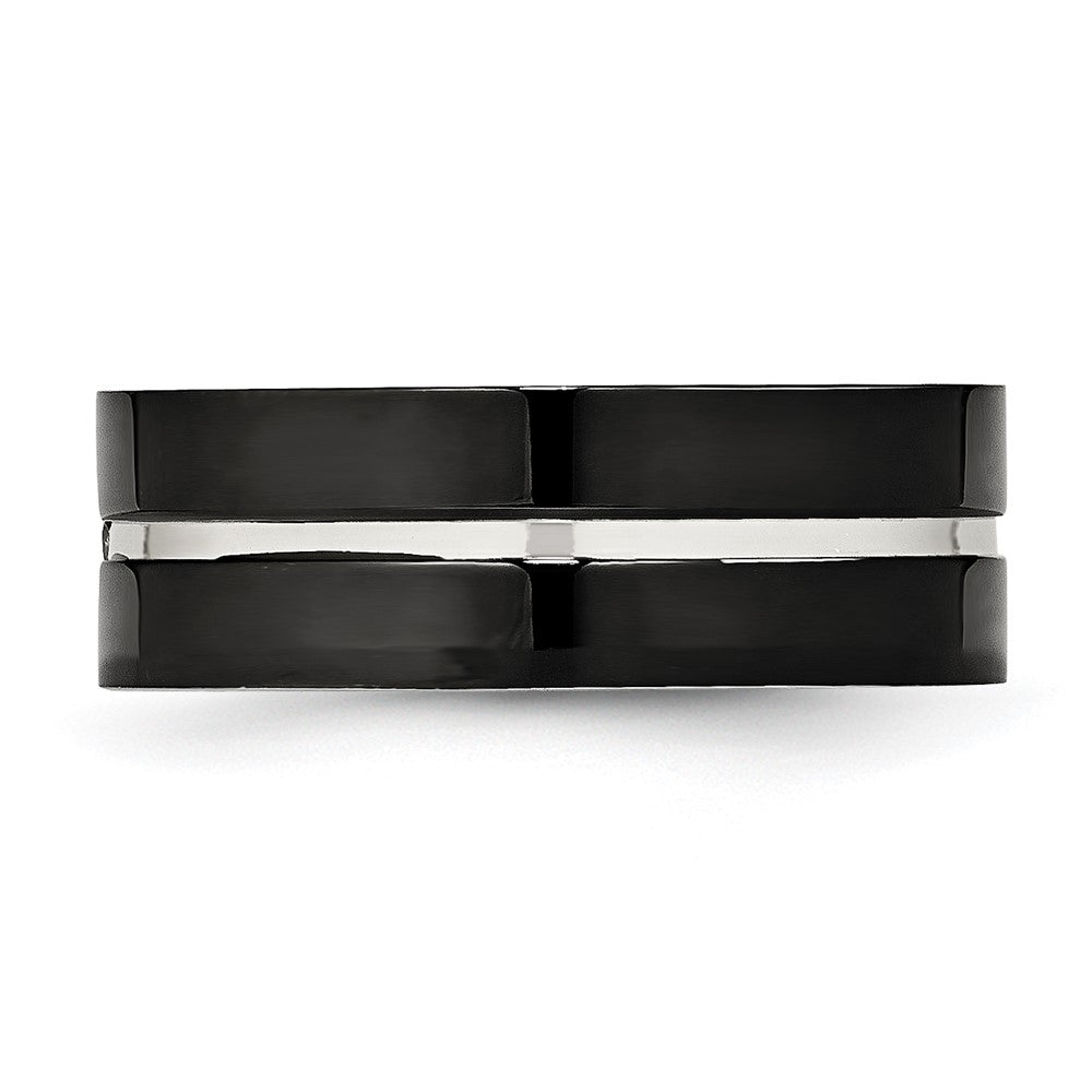 Stainless Steel Polished Black IP-plated CZ Grooved 8mm Comfort Fit Band