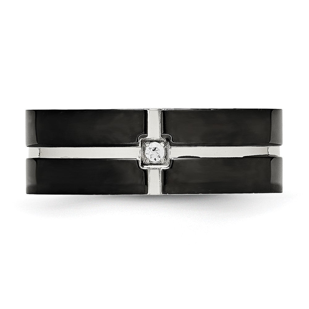 Stainless Steel Polished Black IP-plated CZ Grooved 8mm Comfort Fit Band