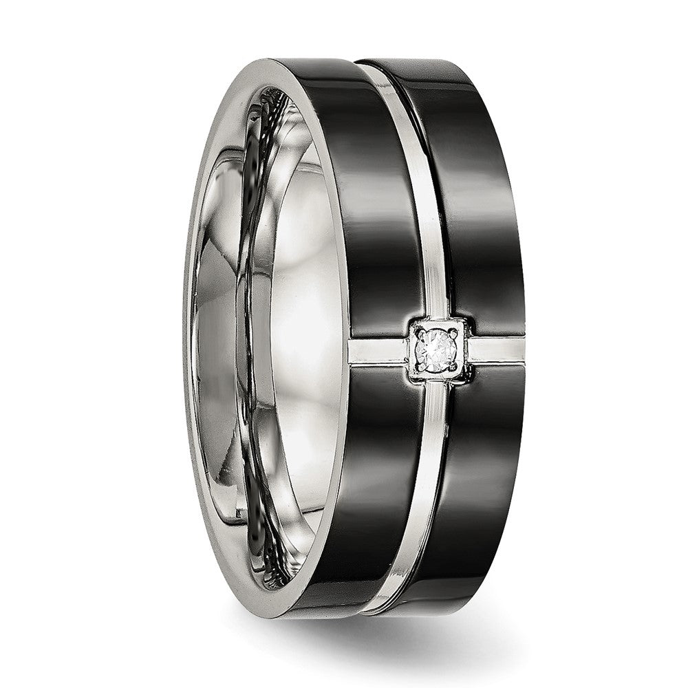 Stainless Steel Polished Black IP-plated CZ Grooved 8mm Comfort Fit Band