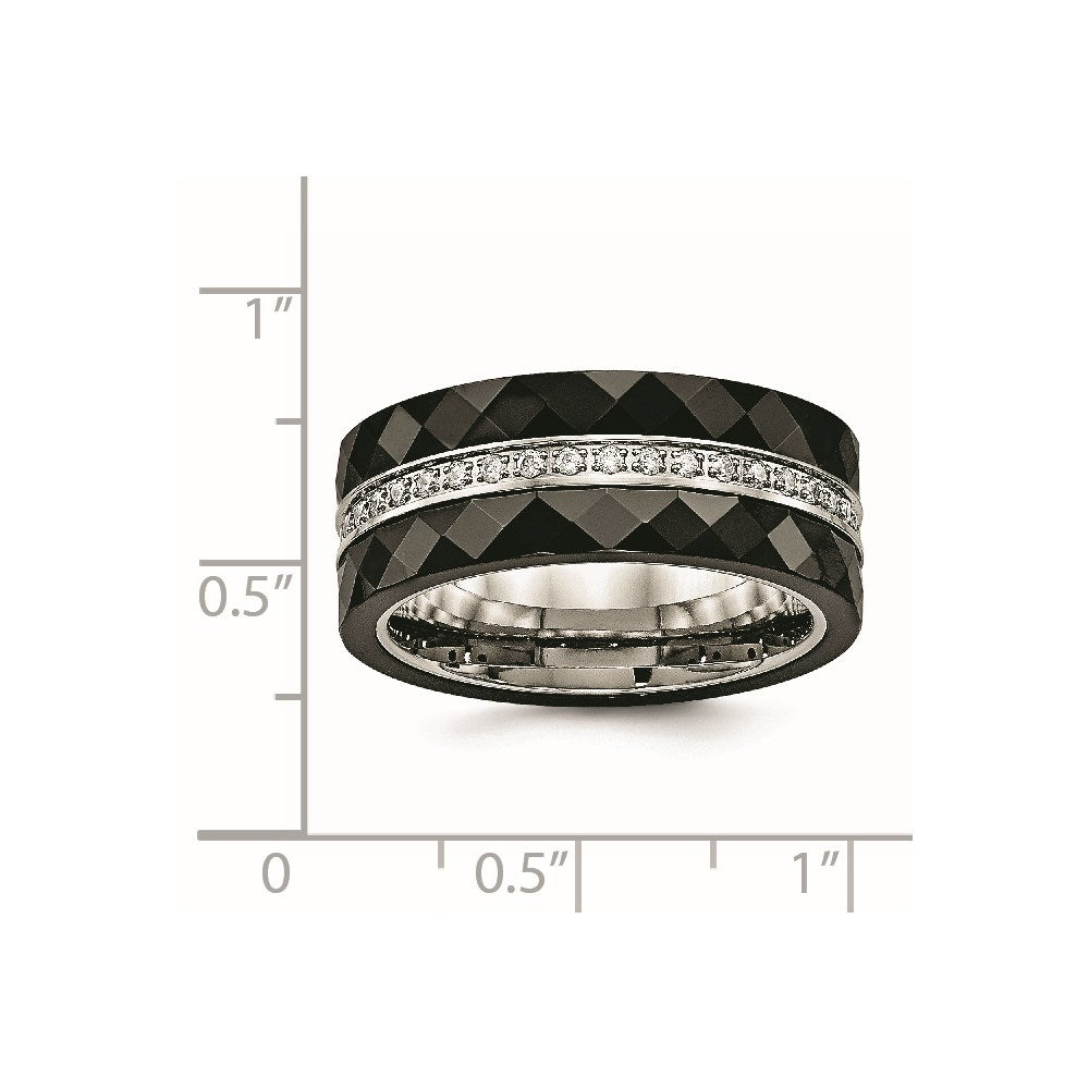 Stainless Steel Polished Faceted Black Ceramic CZ Ring