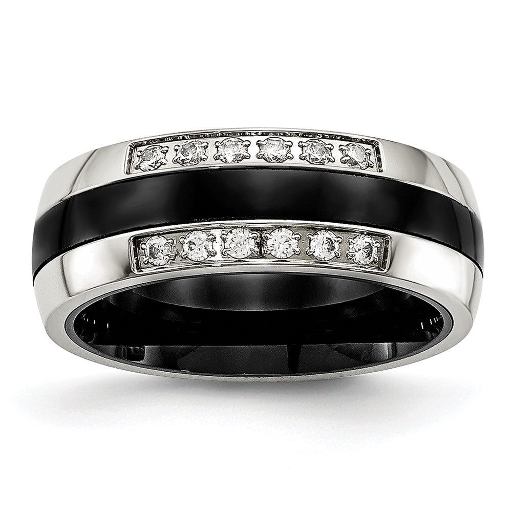 Chisel Stainless Steel Polished with Black Ceramic and CZ Ring