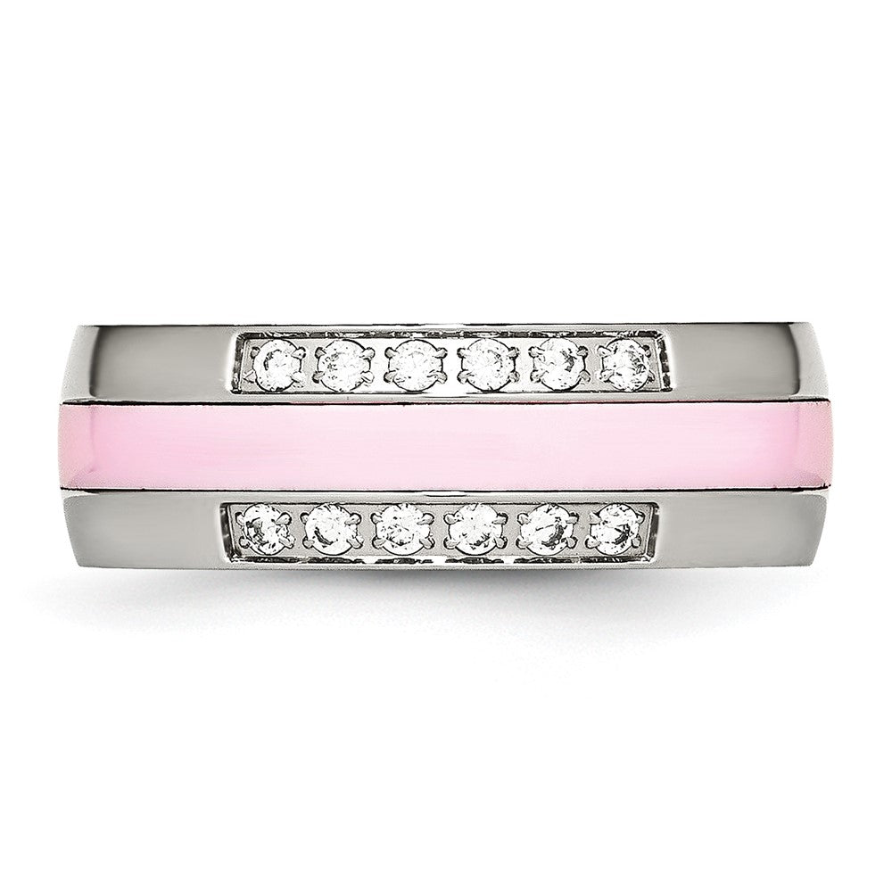 Stainless Steel Polished Pink Ceramic CZ Ring