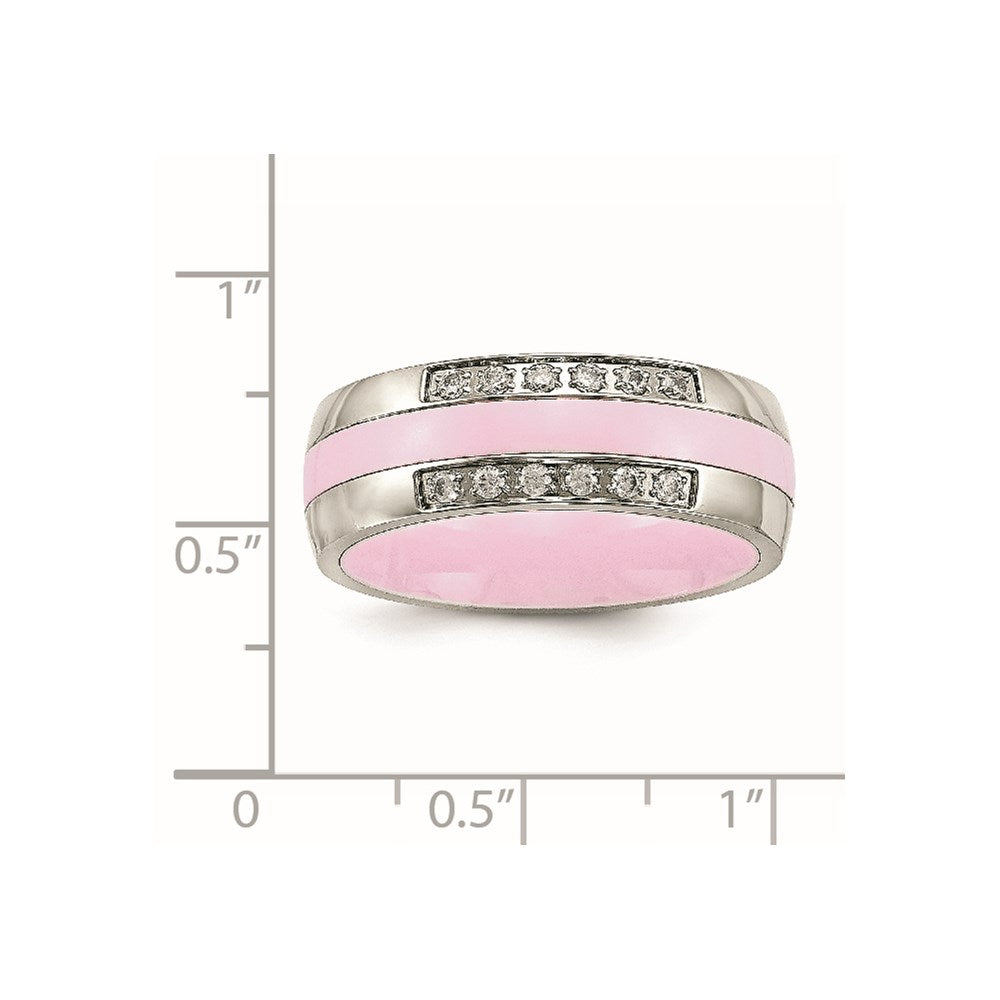 Stainless Steel Polished Pink Ceramic CZ Ring