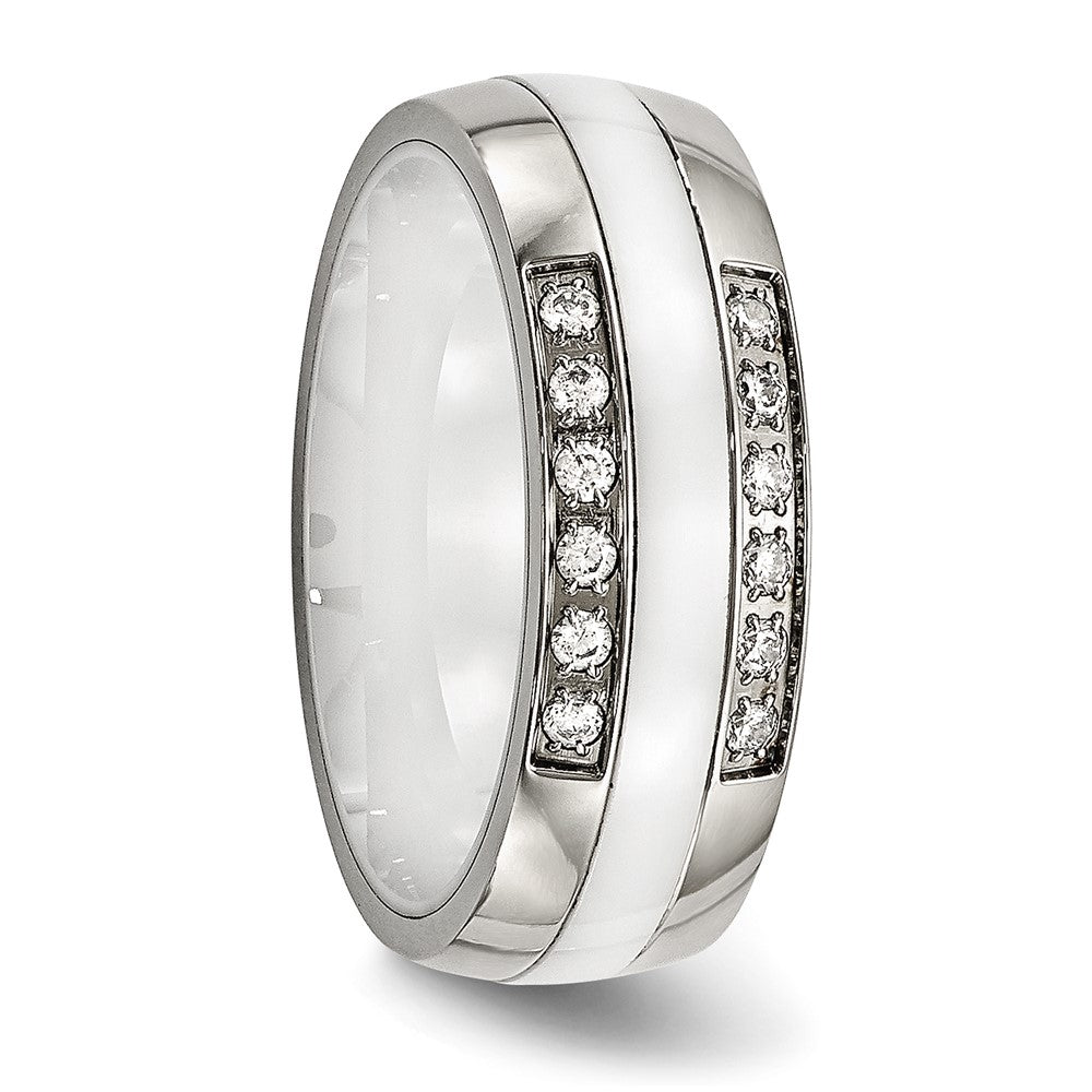 Stainless Steel Polished White Ceramic CZ Ring