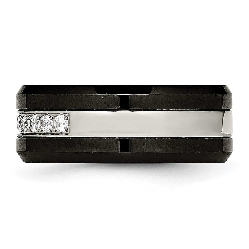 Chisel Stainless Steel Polished Black Ceramic with CZ Beveled Edge Ring