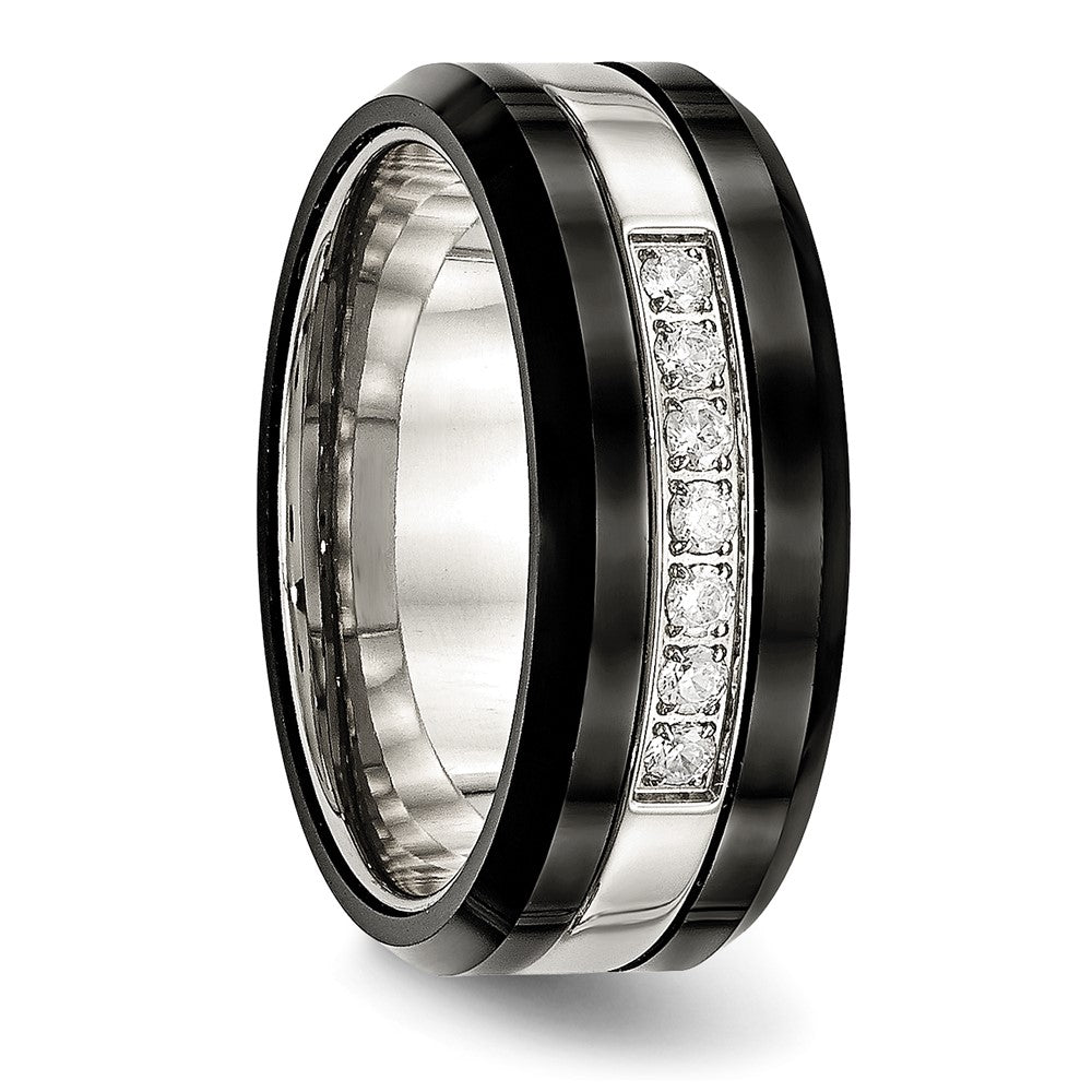 Chisel Stainless Steel Polished Black Ceramic with CZ Beveled Edge Ring