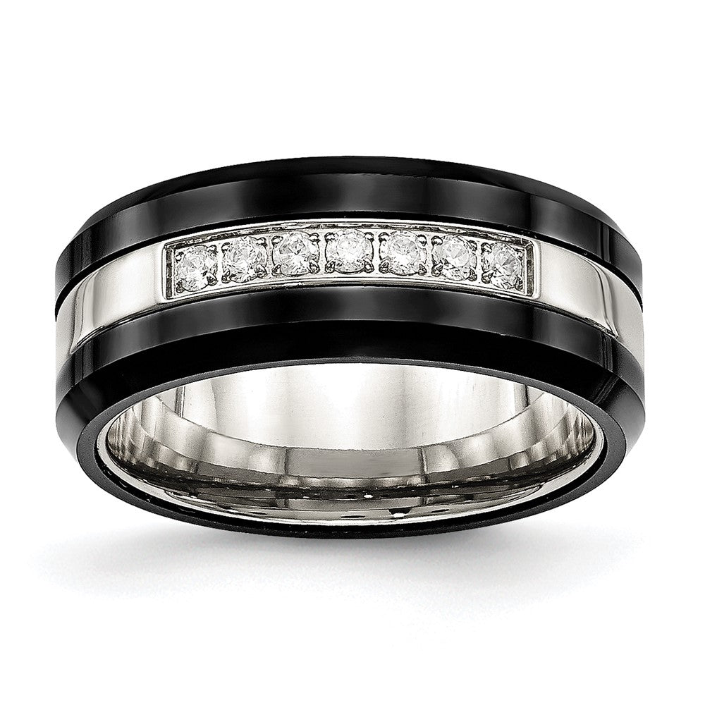 Chisel Stainless Steel Polished Black Ceramic with CZ Beveled Edge Ring