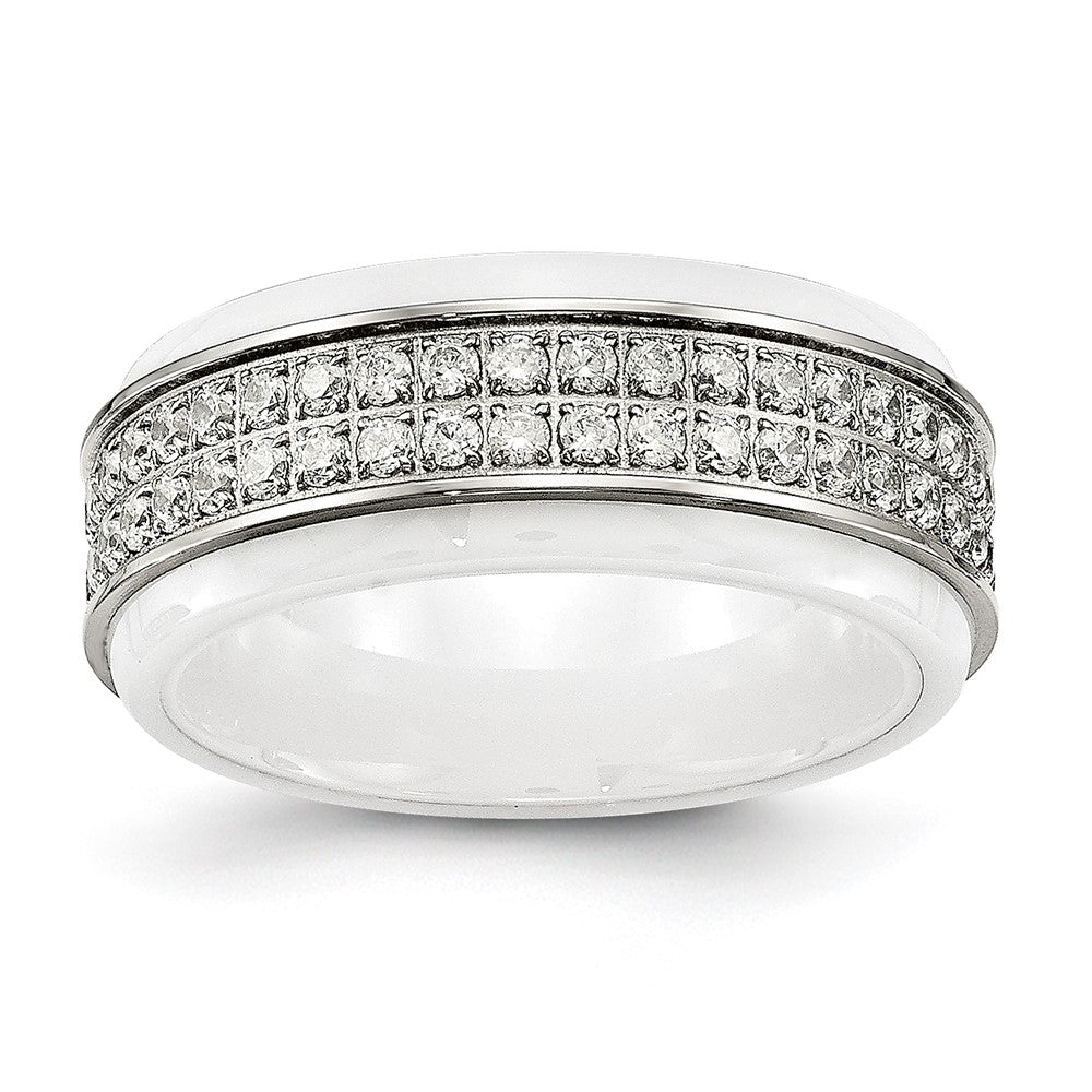 Chisel Stainless Steel Polished White Ceramic CZ Ridged Edge Ring