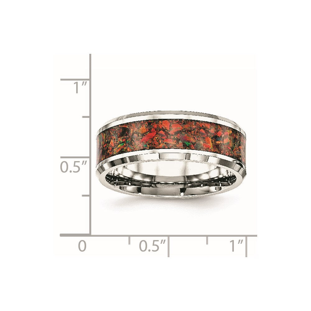 Chisel Stainless Steel Polished with Red Imitation Opal Inlay 8mm Band