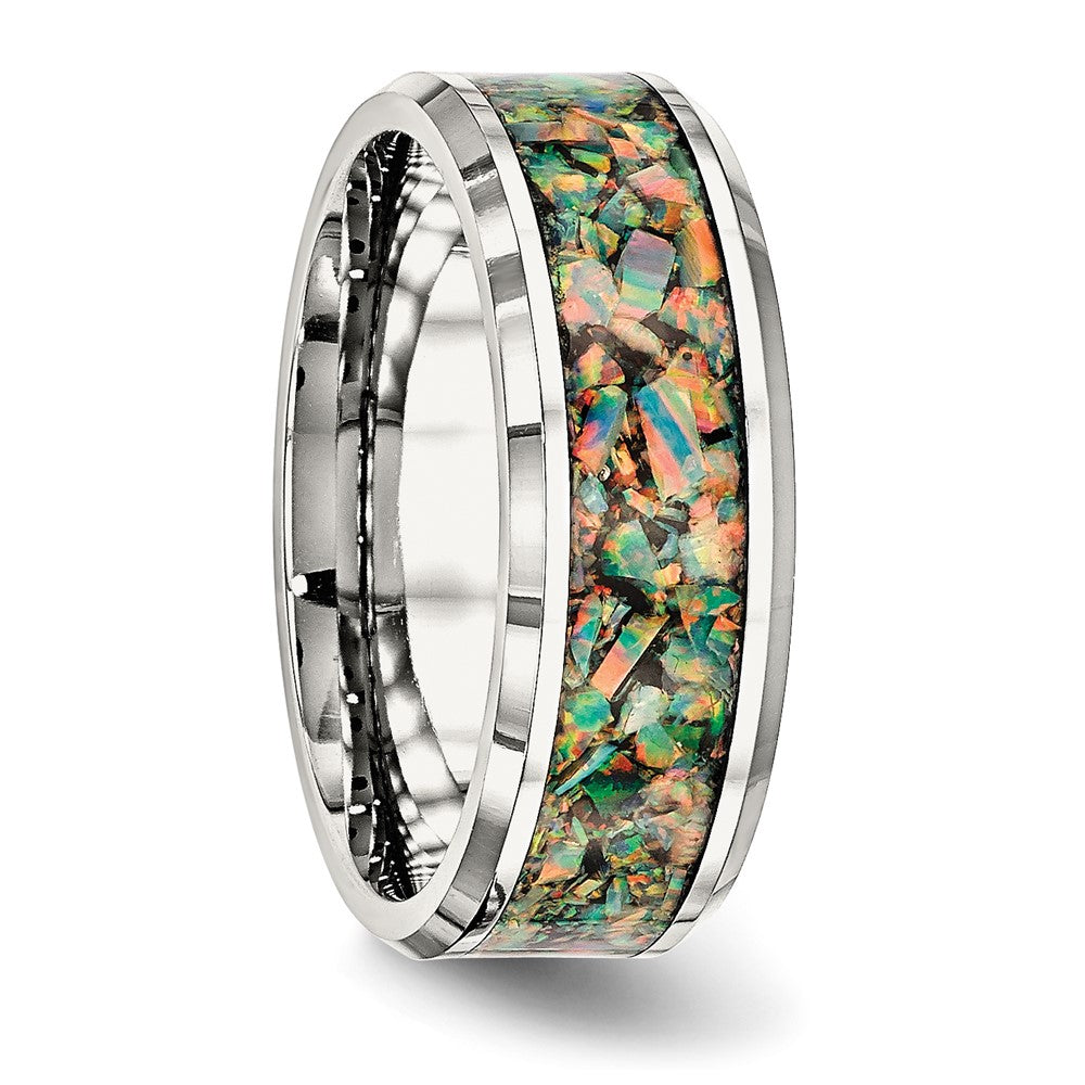 Chisel Stainless Steel Polished with Imitation Opal Inlay 8mm Band