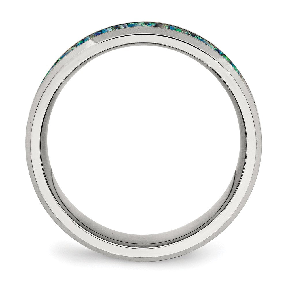 Chisel Stainless Steel Polished with Blue Imitation Opal Inlay 8mm Band