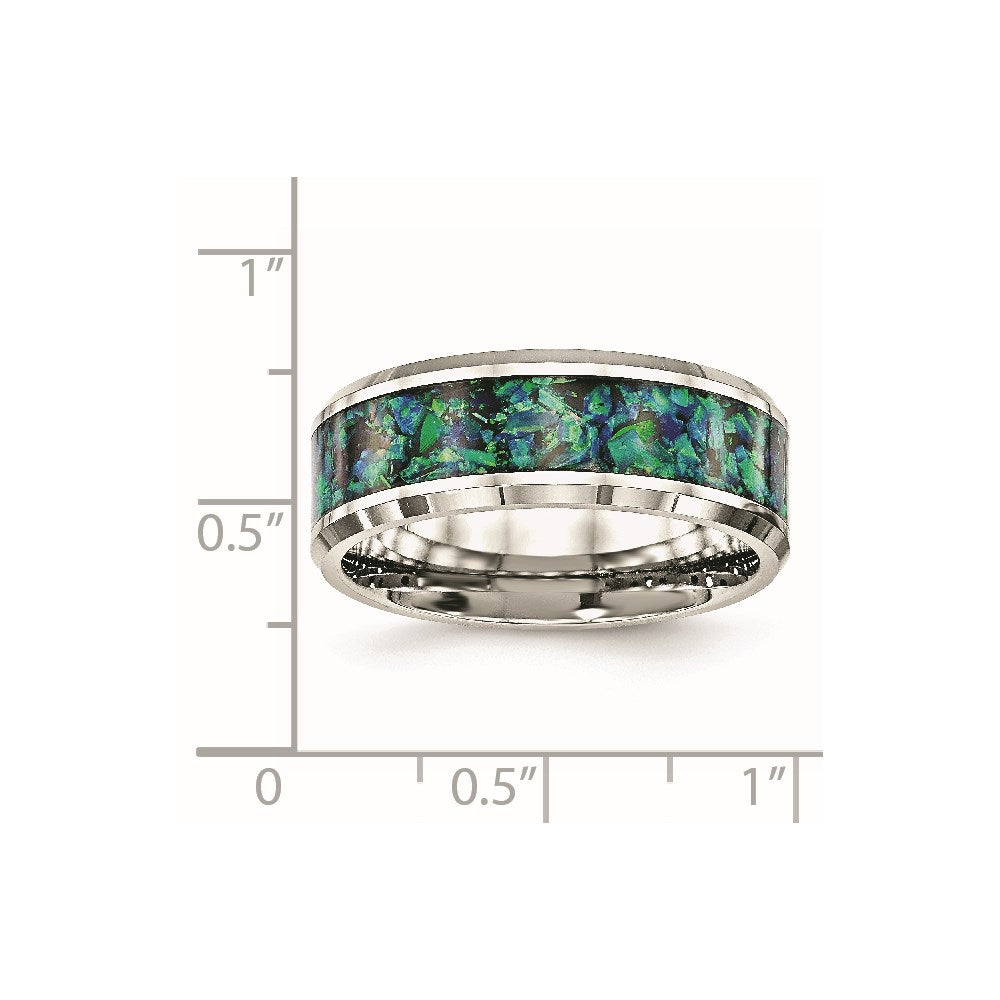 Chisel Stainless Steel Polished with Blue Imitation Opal Inlay 8mm Band
