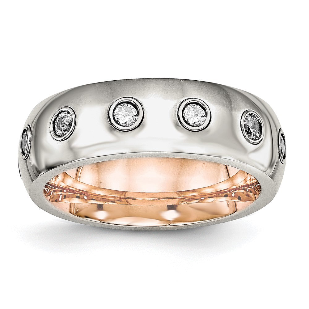 Chisel Stainless Steel Polished Rose IP-plated Inside with CZ Half Round 7mm Band