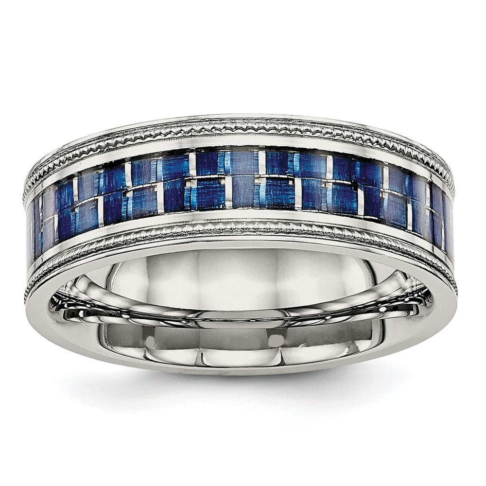 Chisel Stainless Steel Polished with Blue Carbon Fiber Inlay Textured Edge 8mm Band