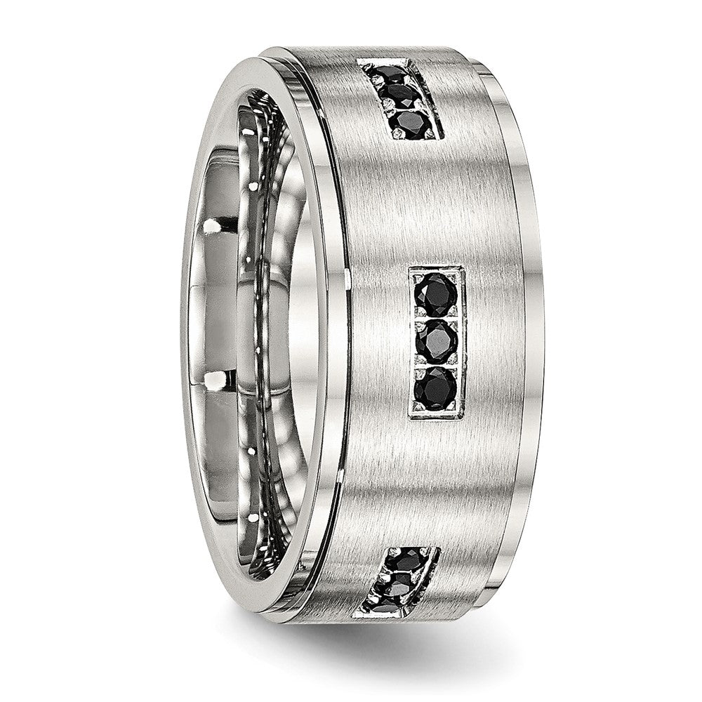 Stainless Steel Polished w/Brushed Center Black CZ 9mm Ridged Edge Band