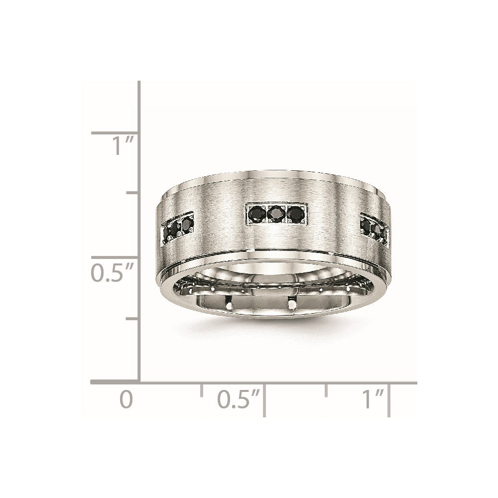 Stainless Steel Polished w/Brushed Center Black CZ 9mm Ridged Edge Band