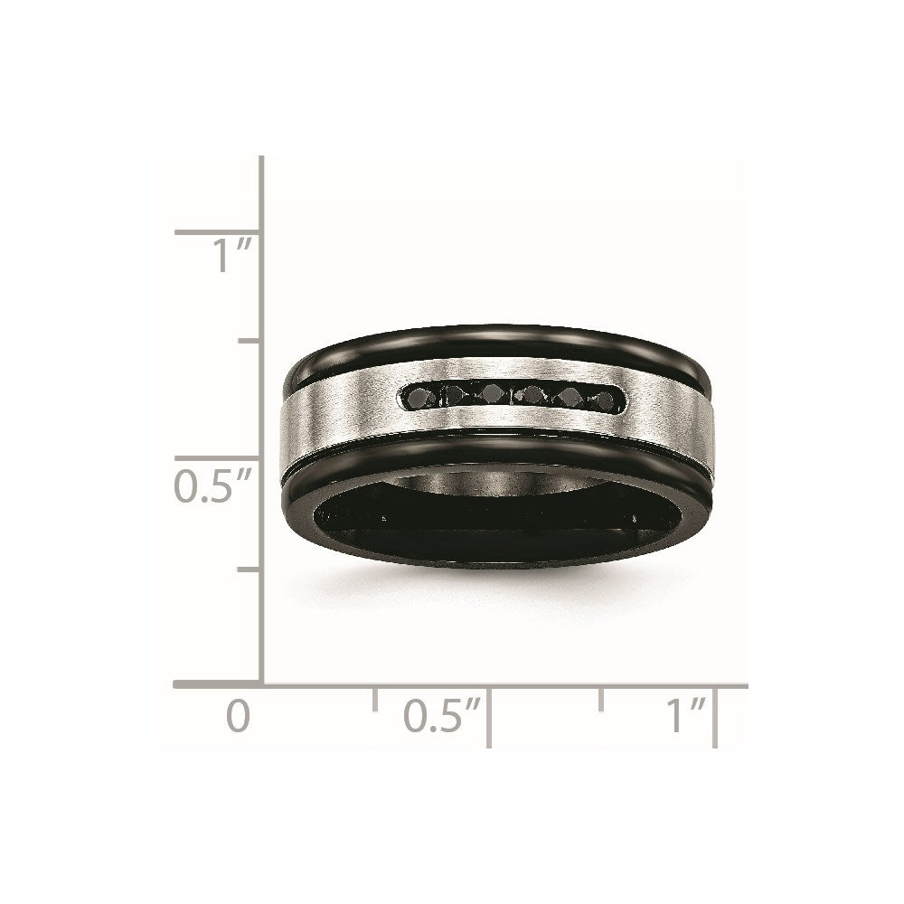 Chisel Stainless Steel Brushed and Polished Black IP-plated and Black CZ 8mm Grooved Band
