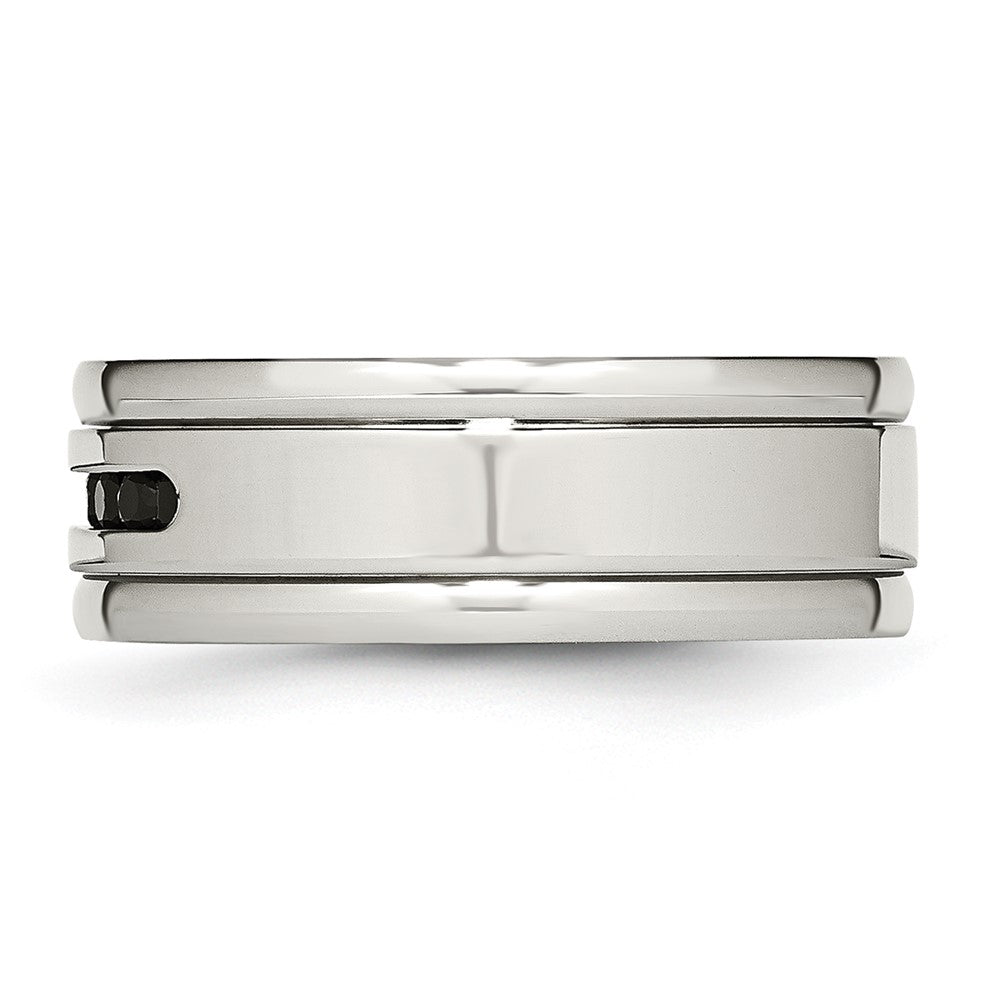 Stainless Steel Polished w/Black CZ 8mm Grooved Band
