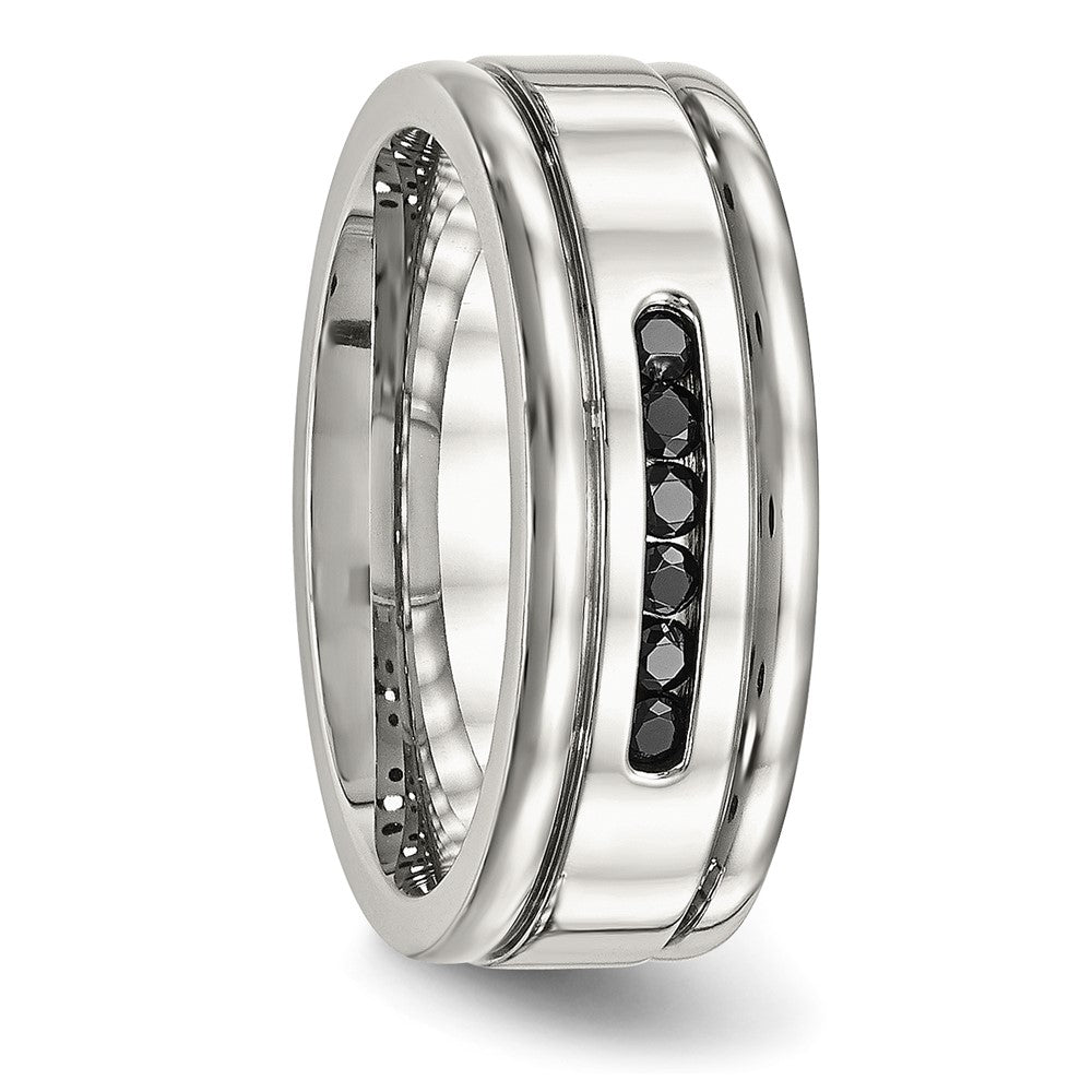 Stainless Steel Polished w/Black CZ 8mm Grooved Band