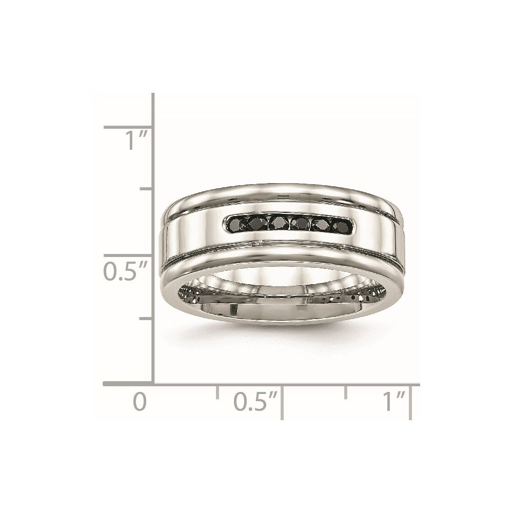 Stainless Steel Polished w/Black CZ 8mm Grooved Band