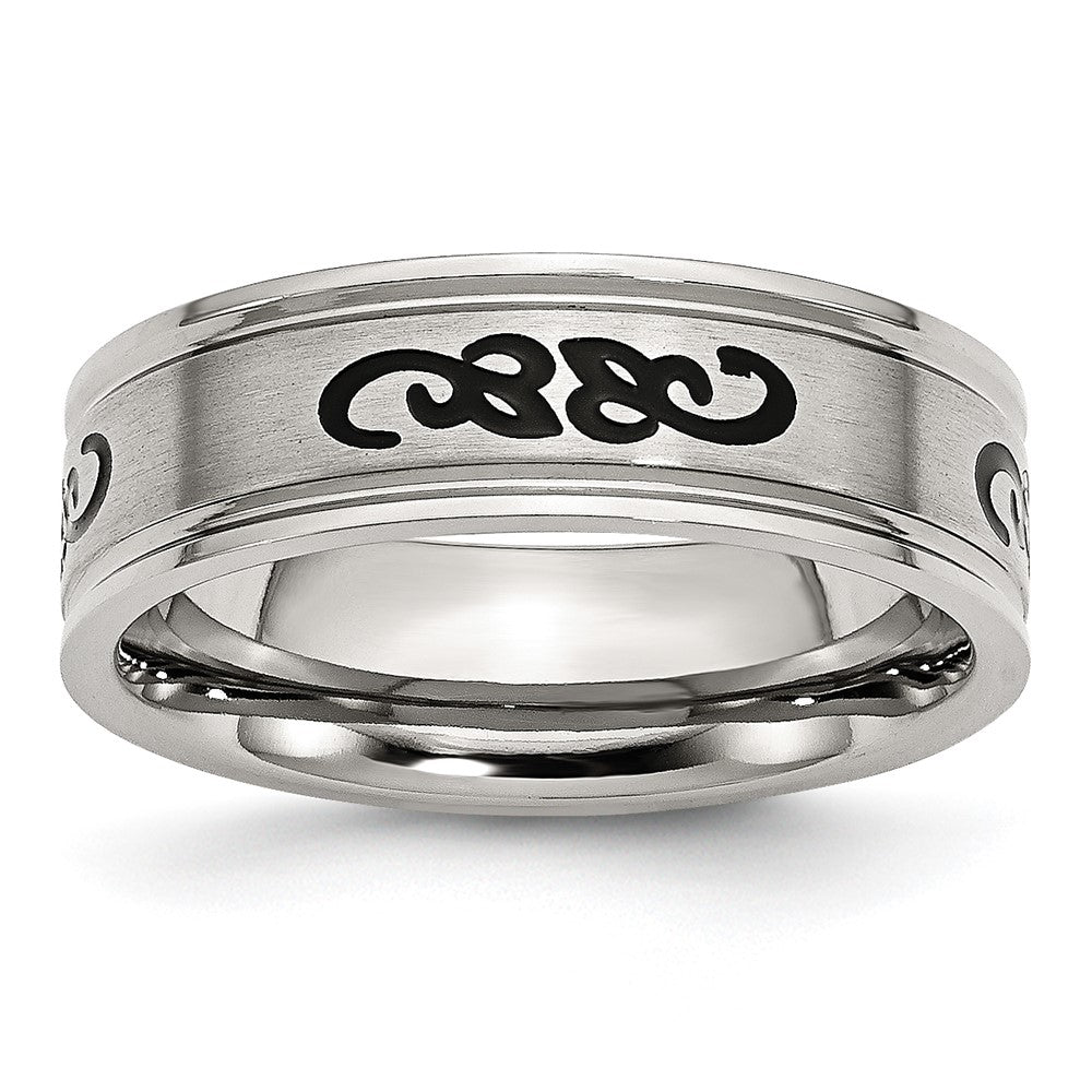 Stainless Steel Brushed w/Black Rubber Design 7mm Ridged Edge Band