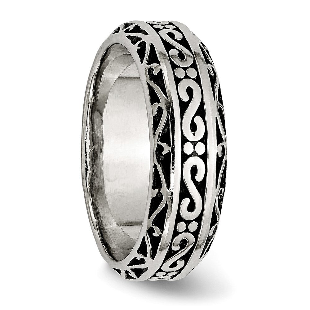 Chisel Stainless Steel Antiqued and Polished Swirl Design 7mm Band