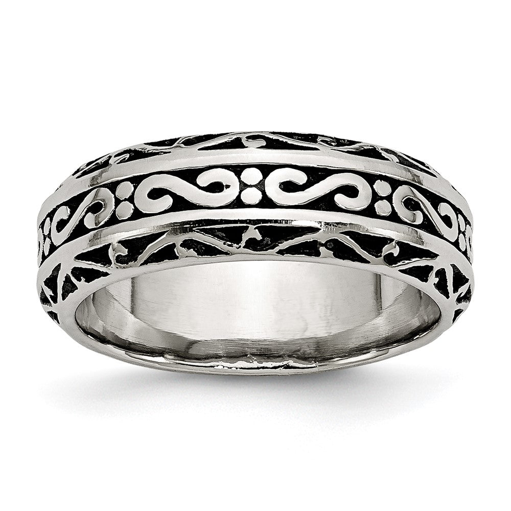 Chisel Stainless Steel Antiqued and Polished Swirl Design 7mm Band