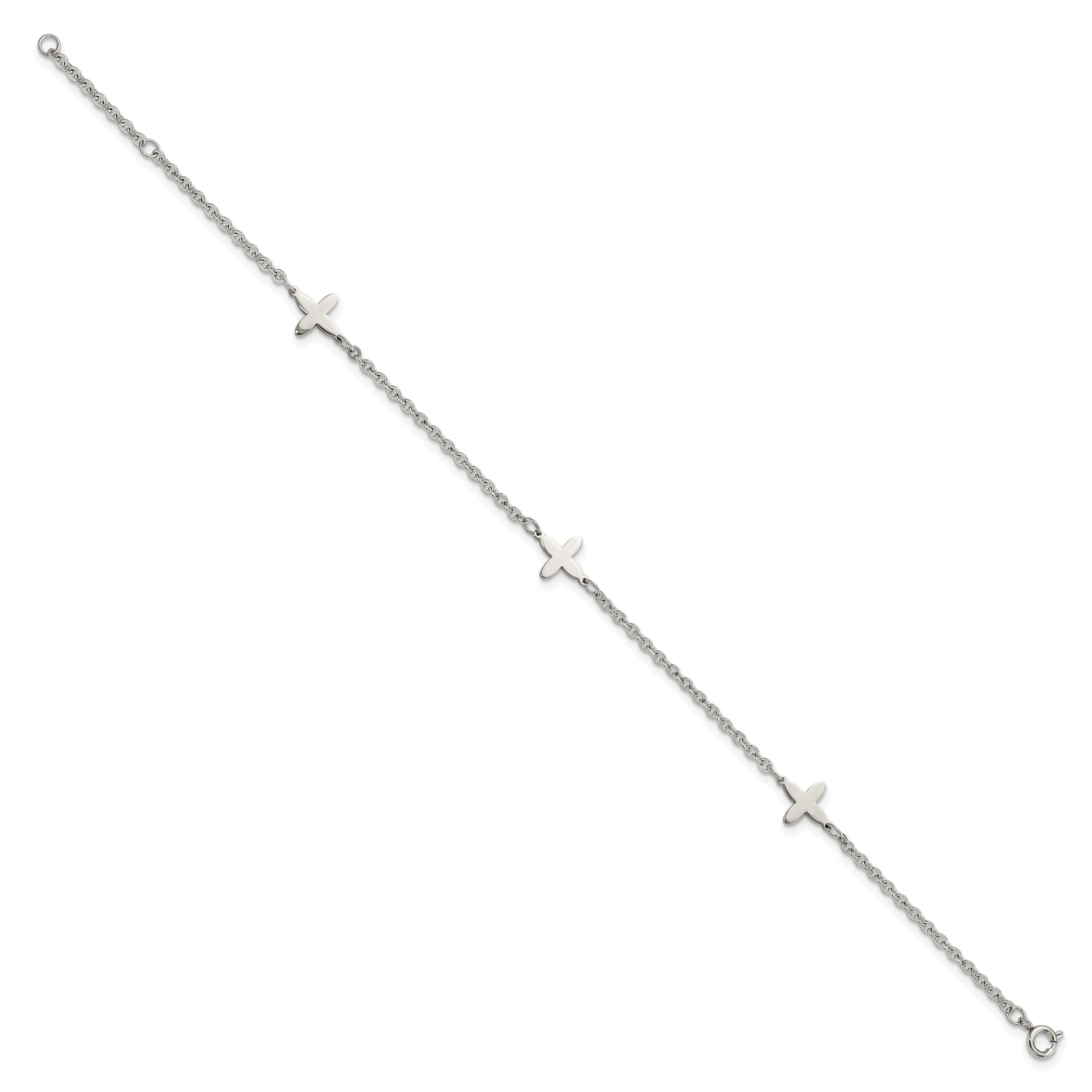 Chisel Stainless Steel Polished Cross Charms 9 Inch Anklet Plus 1 Inch Extension