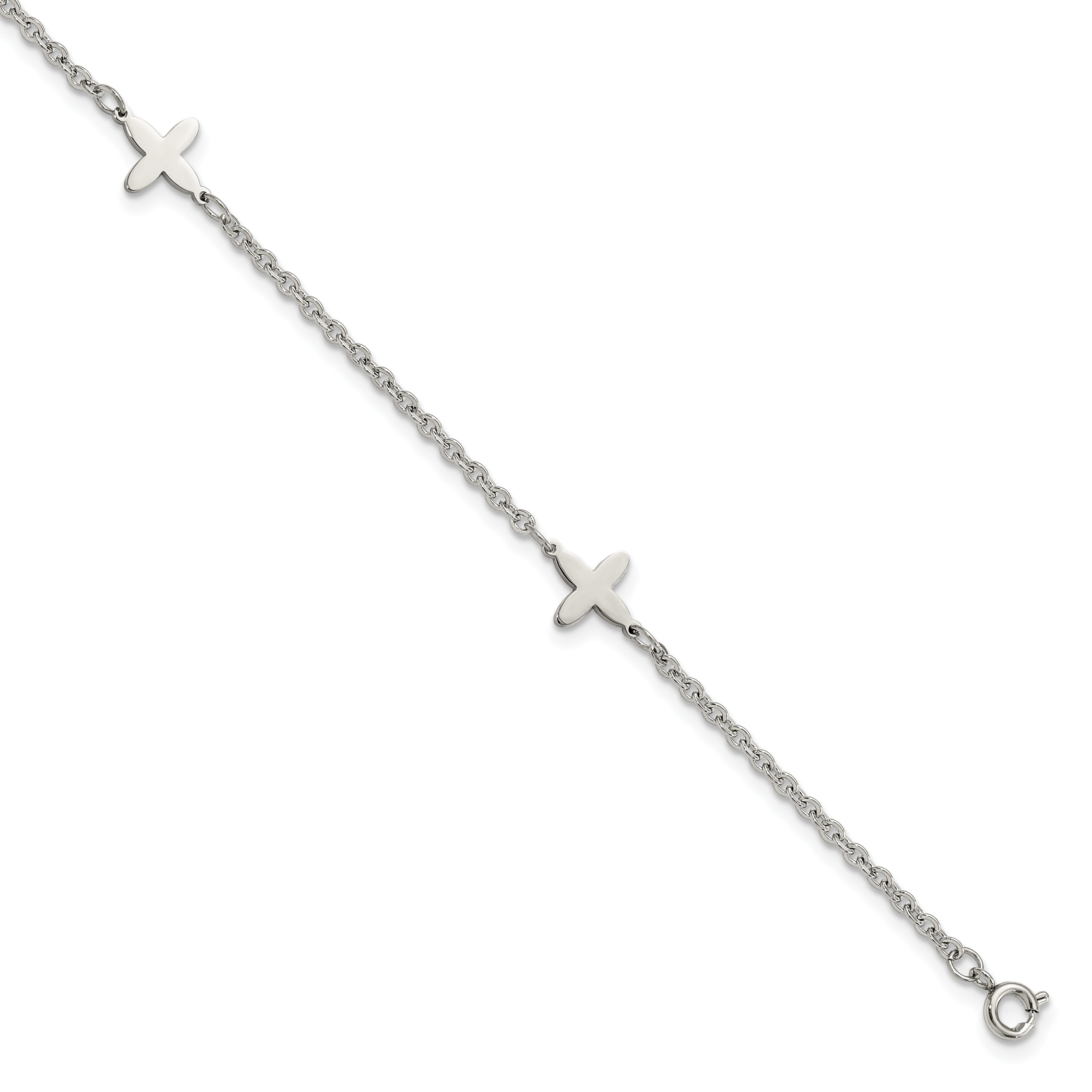 Chisel Stainless Steel Polished Cross Charms 9 Inch Anklet Plus 1 Inch Extension