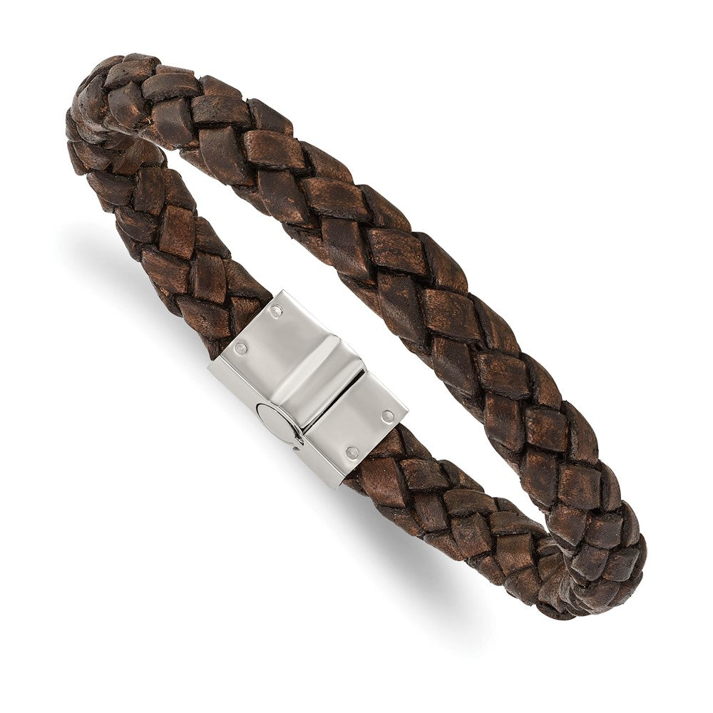 Chisel Stainless Steel Polished Brown Woven Leather 8.75 inch Bracelet