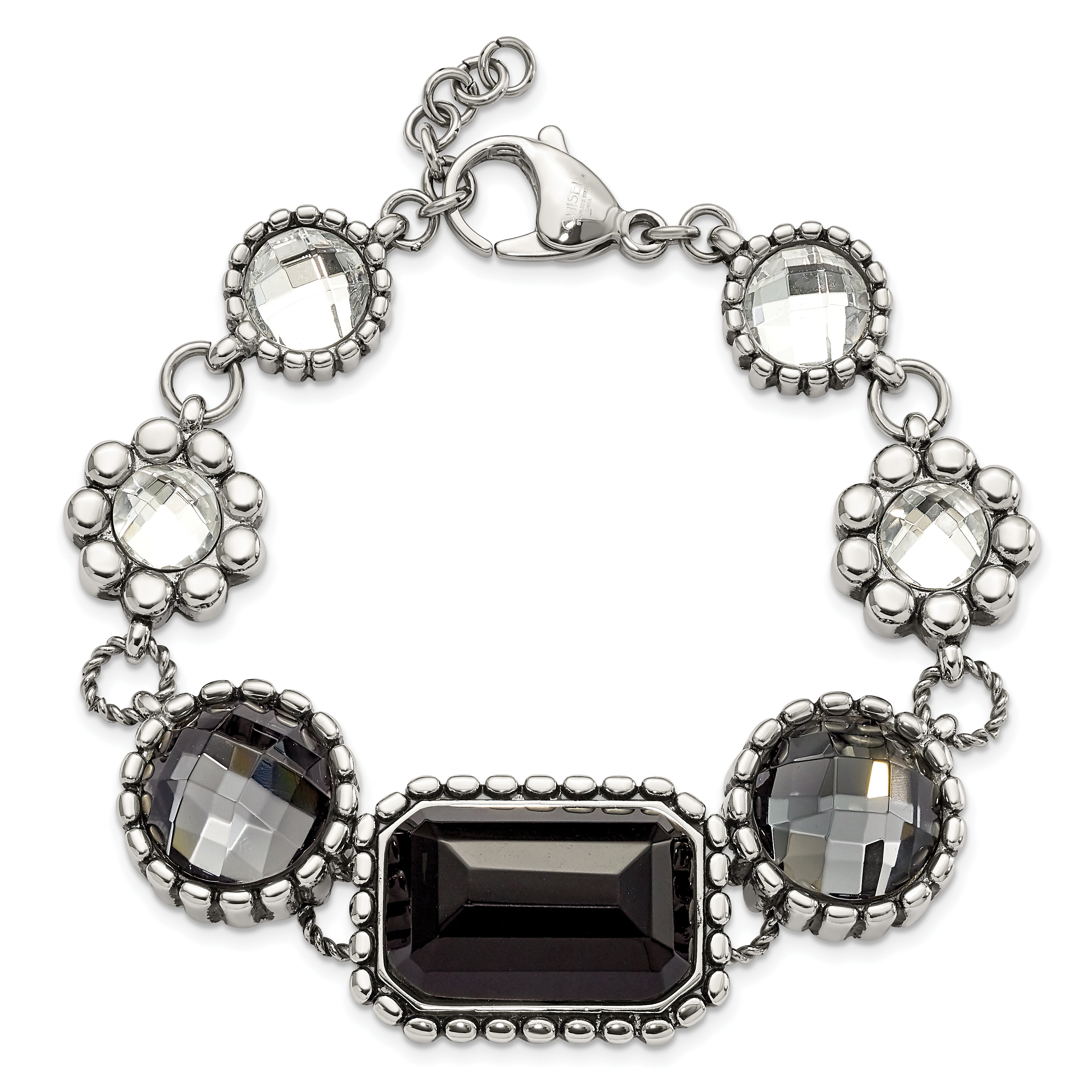 Stainless Steel Polished/Antiqued Glass Beaded w/1in ext. Bracelet