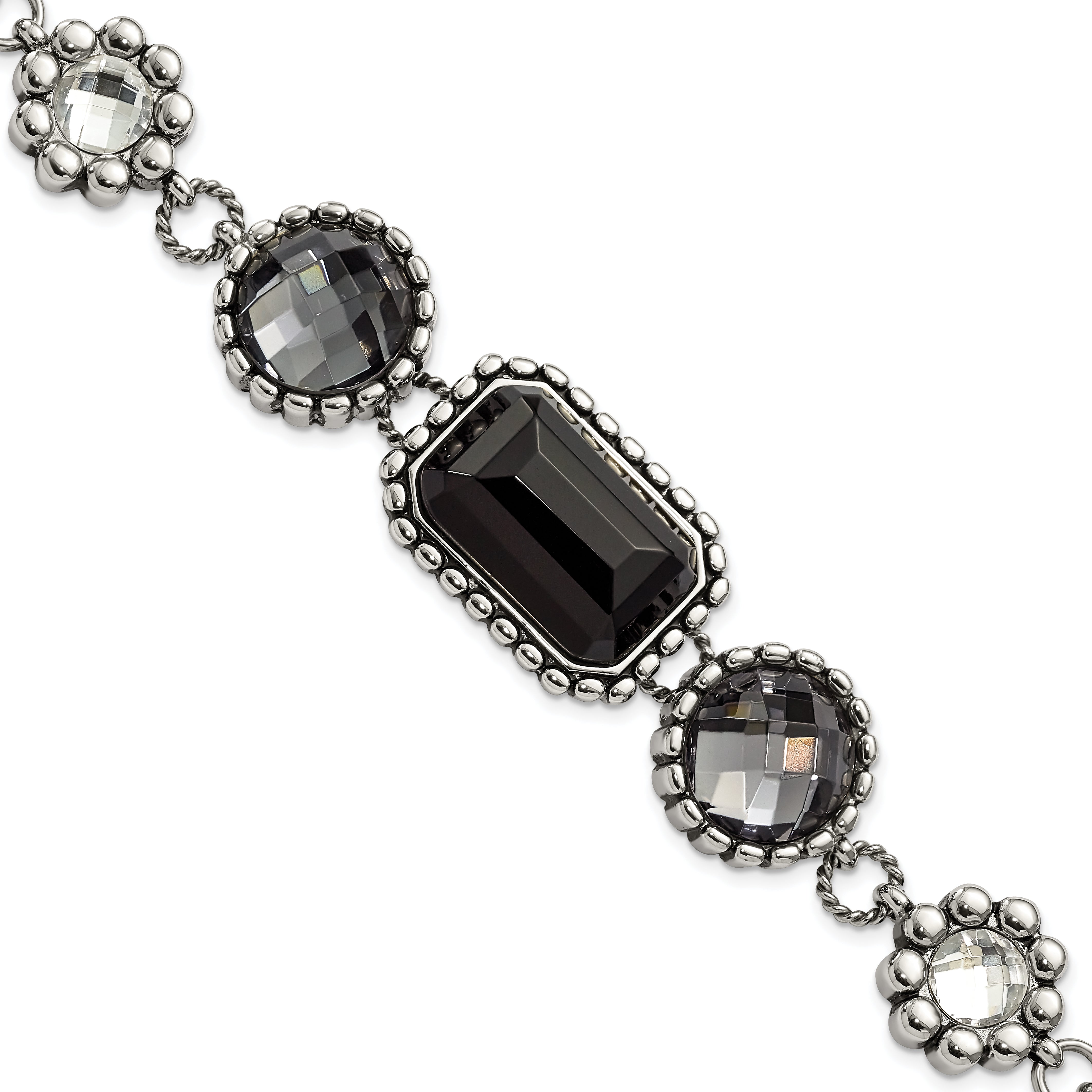 Stainless Steel Polished/Antiqued Glass Beaded w/1in ext. Bracelet