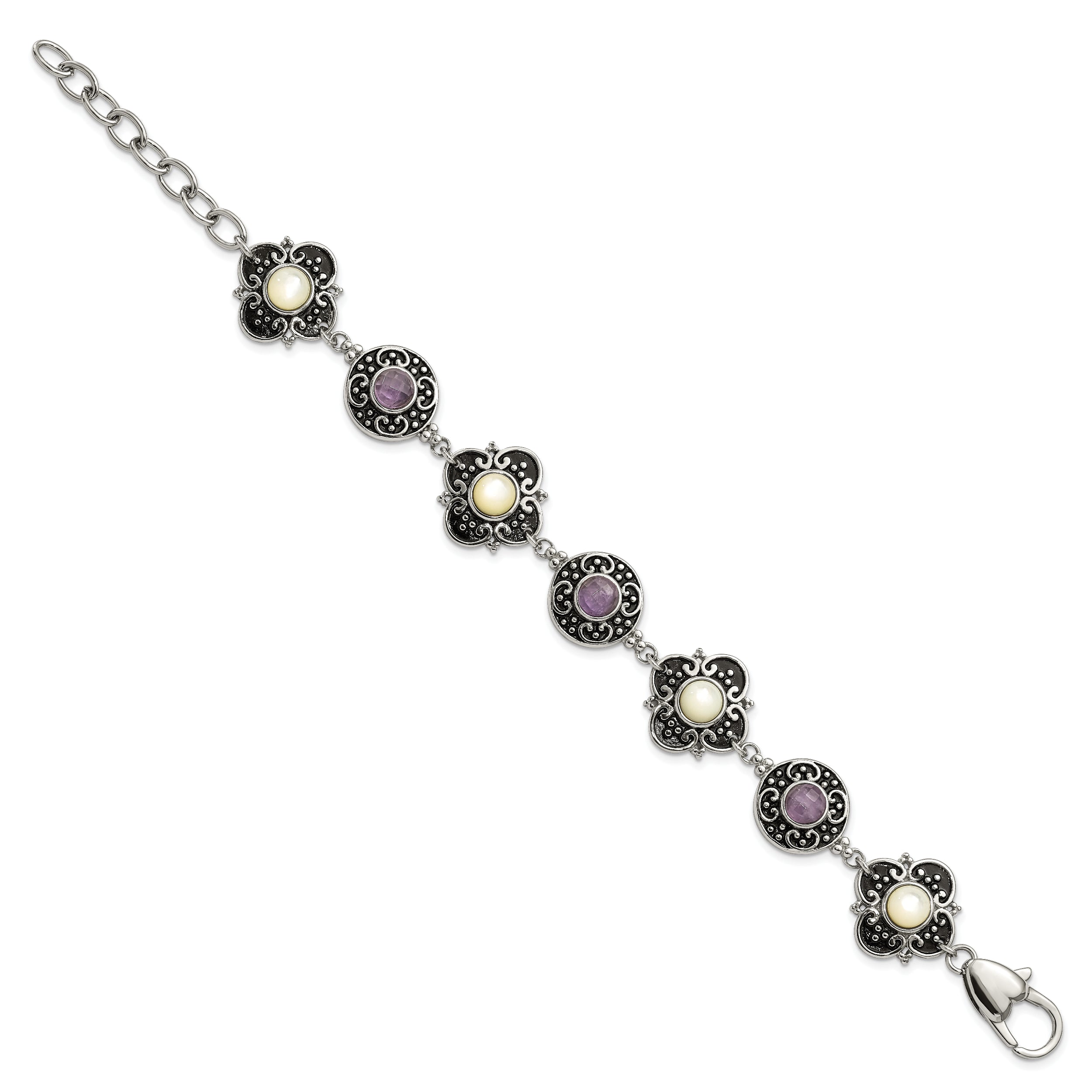 Stainless Steel Polished & Antiqued Mother of Pearl & Purple Glass w/ 1.5in ext Bracelet
