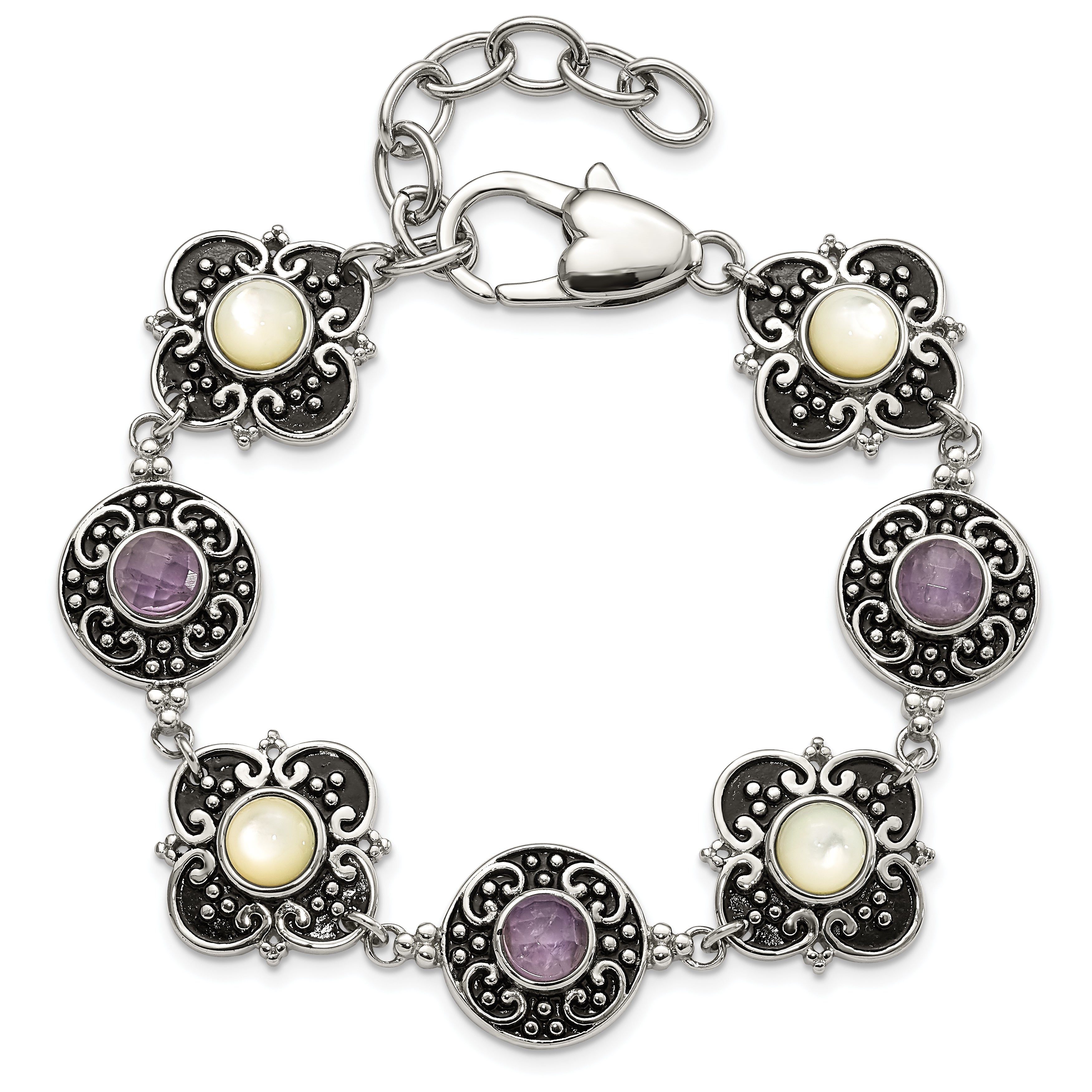 Stainless Steel Polished & Antiqued Mother of Pearl & Purple Glass w/ 1.5in ext Bracelet