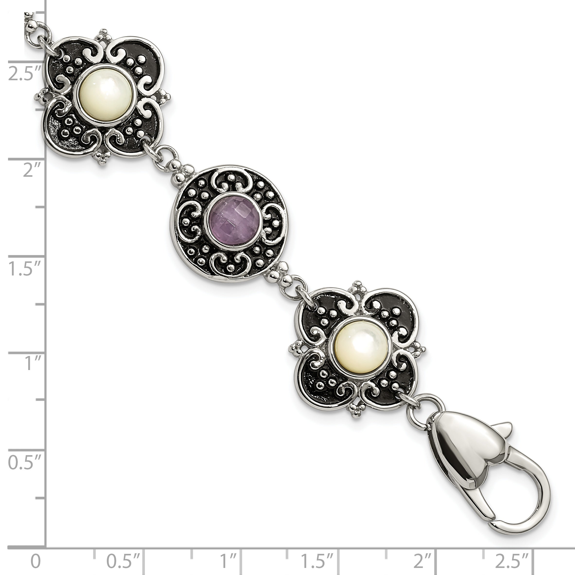Stainless Steel Polished & Antiqued Mother of Pearl & Purple Glass w/ 1.5in ext Bracelet