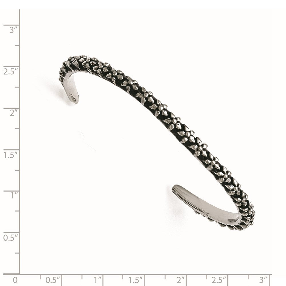 Stainless Steel Polished/Antiqued Floral Thin Cuff Bangle
