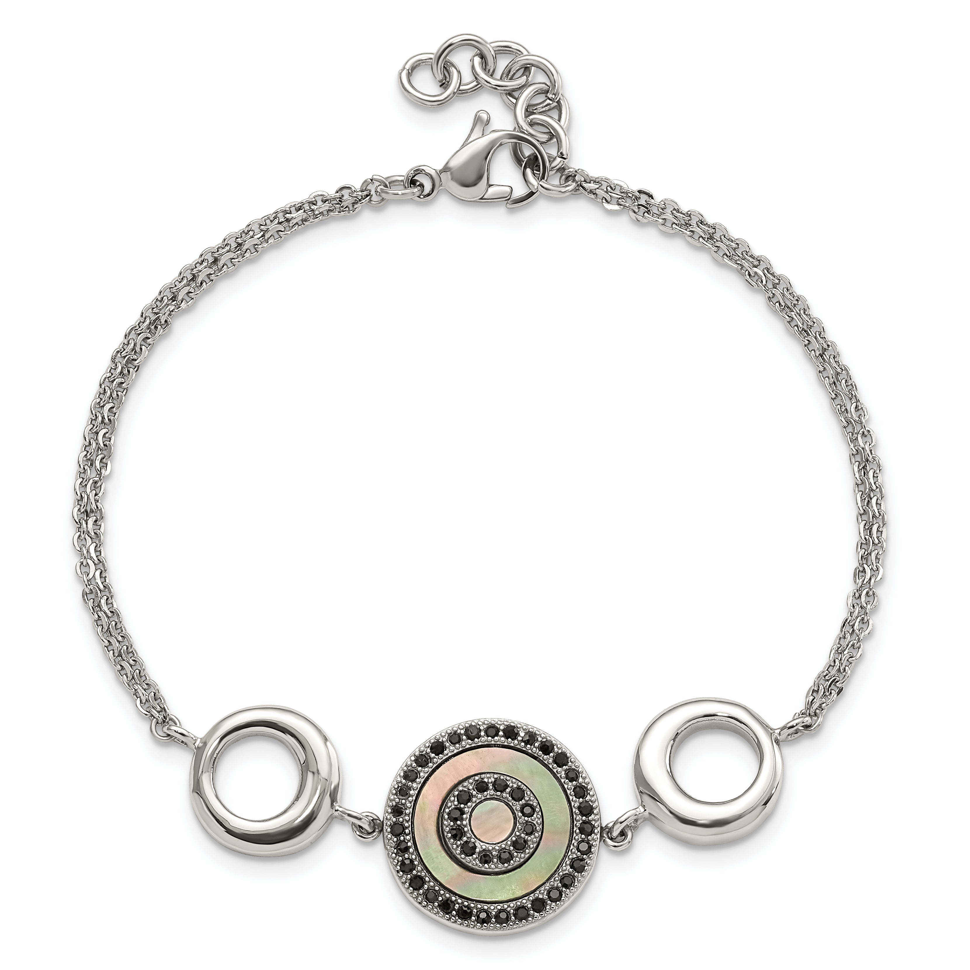 Stainless Steel Polished Black MOP & Crystal w/.5in ext Bracelet