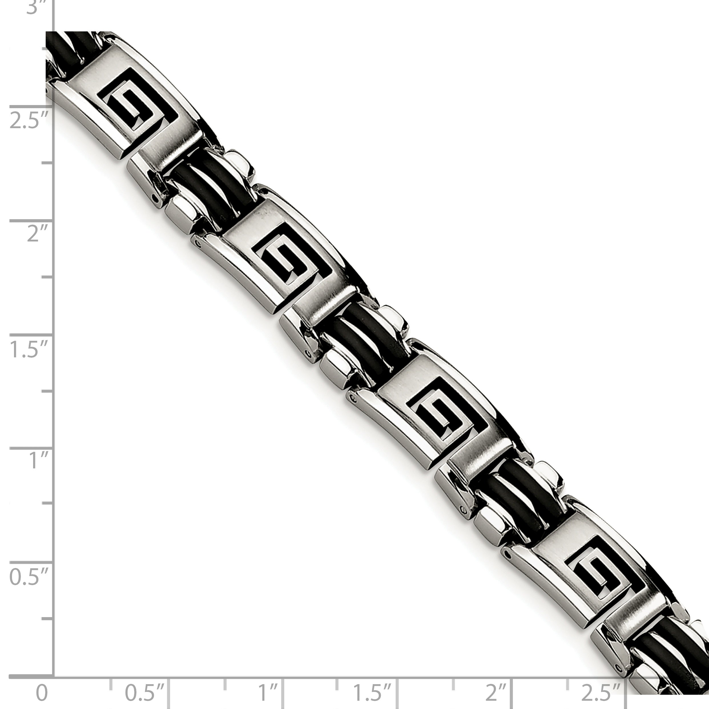 Chisel Stainless Steel Brushed And Polished Black Rubber Inlay Greek Key 8.5 Inch Bracelet