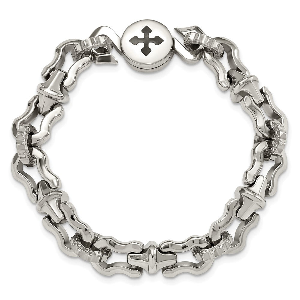 Stainless Steel Polished with Black Rubber Cross 8.5in Bracelet